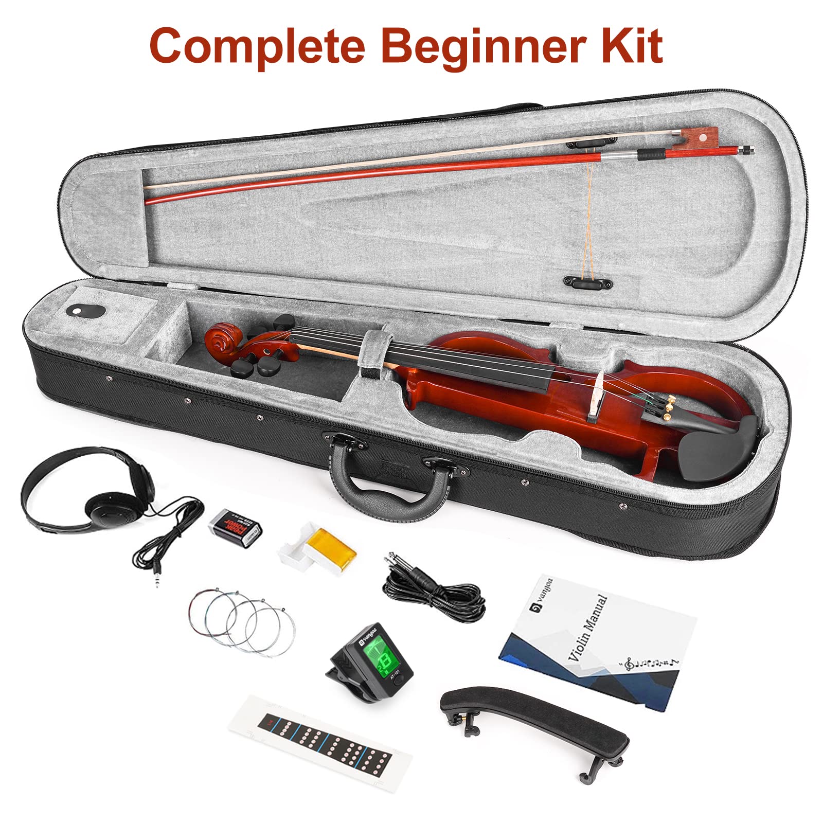 Vangoa Electric Violin Full Size 4/4, Black Silent Electric Violin, Solid Wood Metallic Electric Fiddle with Ebony Fittings, Beginner Kit for Adults Teens