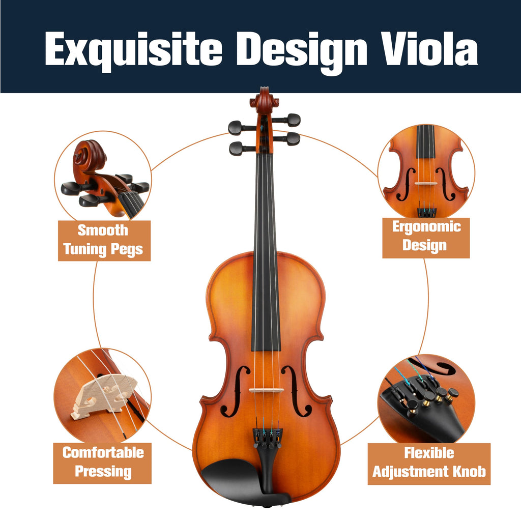 Mendini by Cecilio 14 Inch Solid Wood Viola Set for Beginners - Hand Carved Acoustic Viola Kit with Hard Case, Bow, Rosin, Bridge and Extra Strings