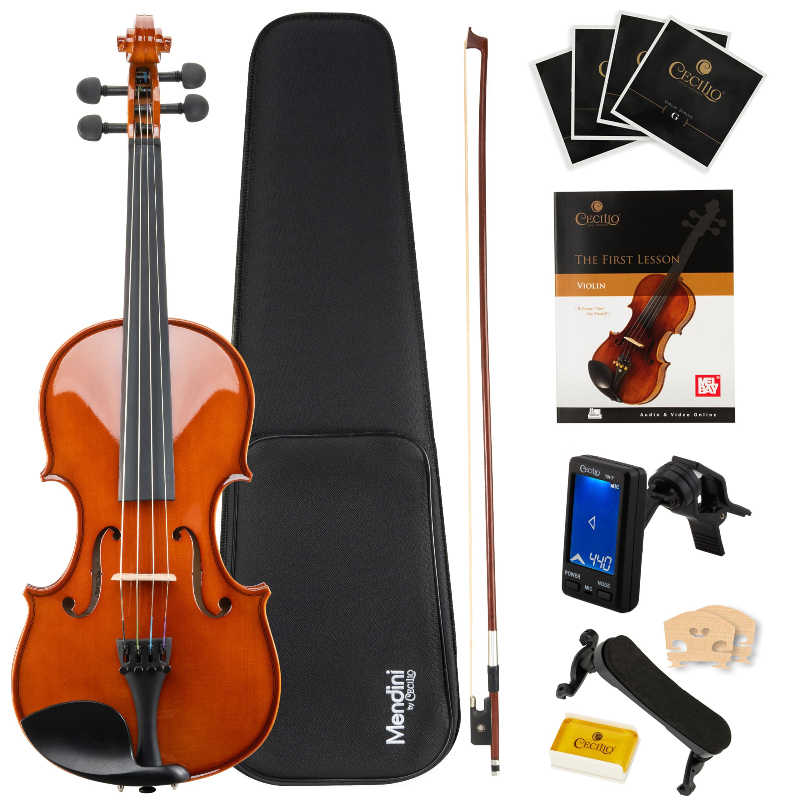 Mendini By Cecilio Violin 4/4 Full Size For Beginners - Fiddle Solidwood Kit with Hard Case - Acoustic Violins with Bow, Rosin, Tuner, Extra Strings & Bridge, Shoulder Rest and Lesson Book (Varnish)