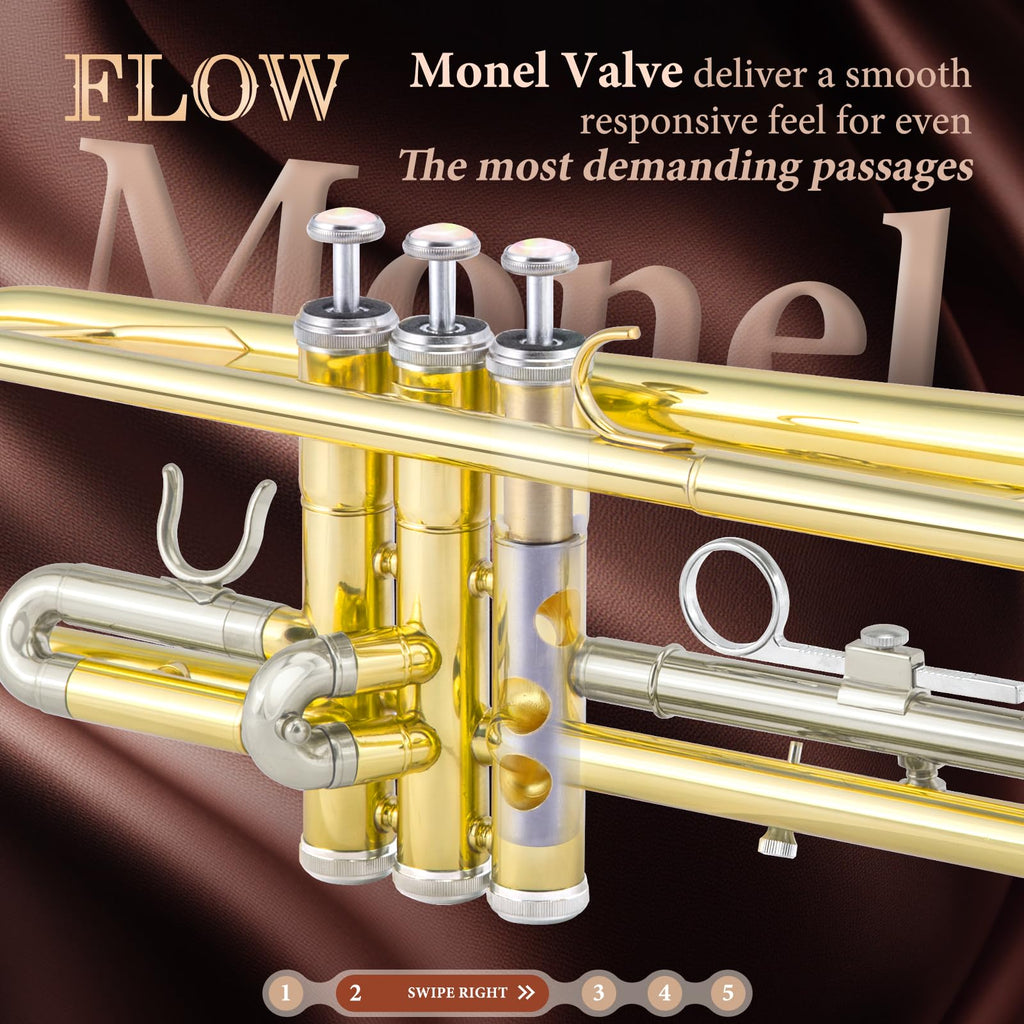 ALLSET Bb Standard Trumpet for Beginners | Student Band, Orchestra, Pro Level Performance | Professional Brass Trumpet Kit with Hard Case, 7C Mouthpiece& Cleaning Kit | Gold