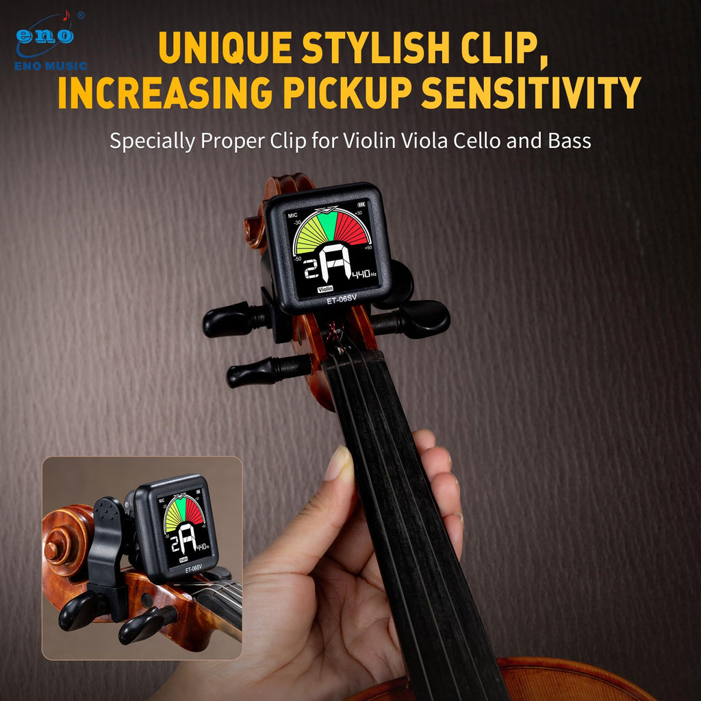 ENO MUSIC Rechargeable Type-C Quick Charge Easy Control Big LCD Display Easy Reading Clip-on Tuner for 4/4 Violin Viola Bass, Red