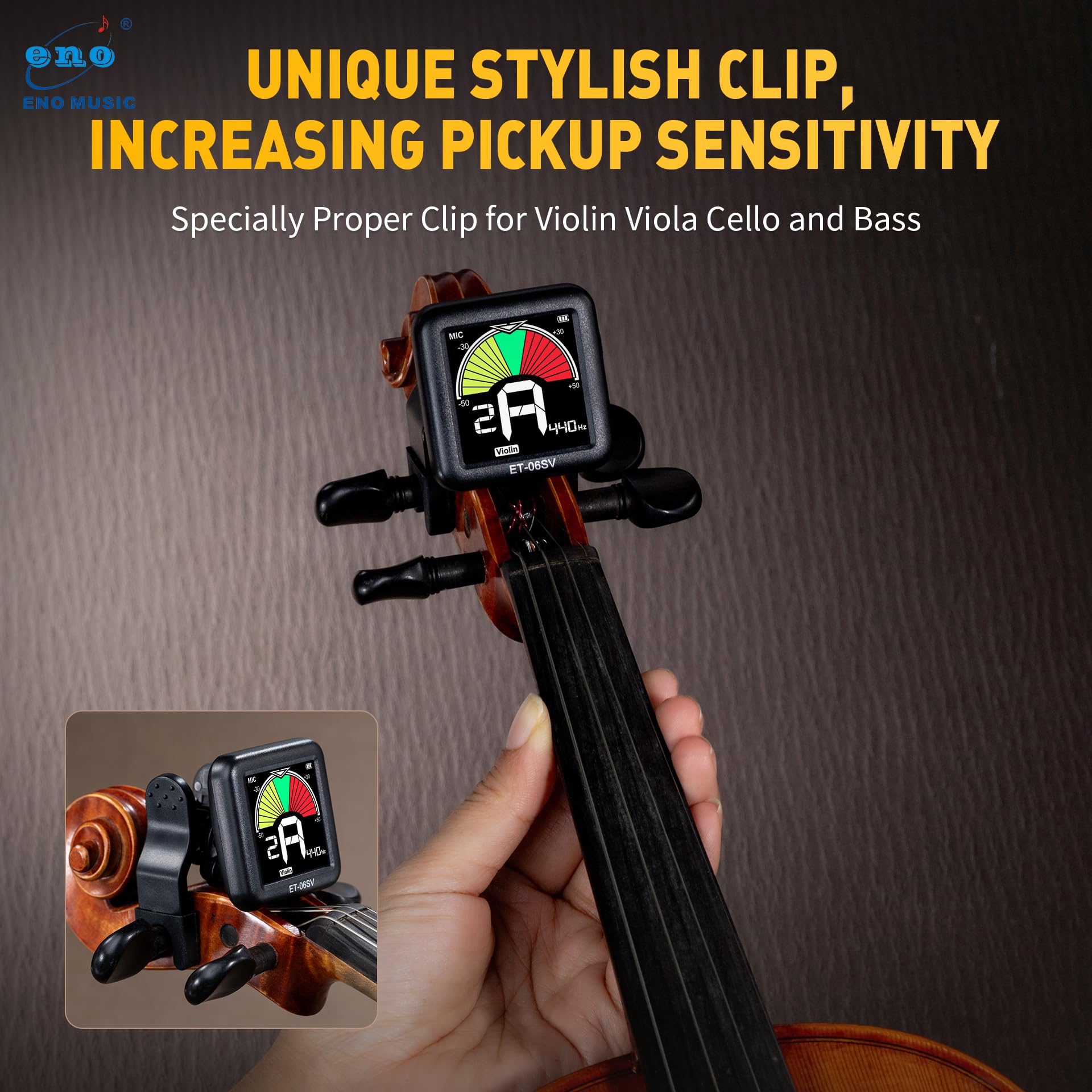 ENO MUSIC Rechargeable Type-C Quick Charge Easy Control Big LCD Display Easy Reading Clip-on Tuner for 4/4 Violin Viola Bass, Red
