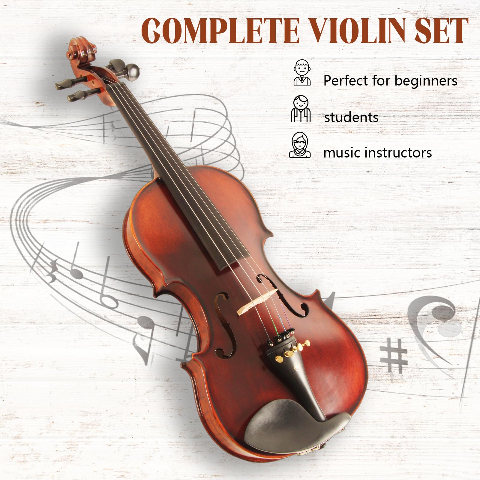 Acoustic Violin 4/4 Full Size, Solid Wood Fiddle for Beginners Adults, Ebony Fitted Satin Antique Finish Violin Starter Kit with Hard Case