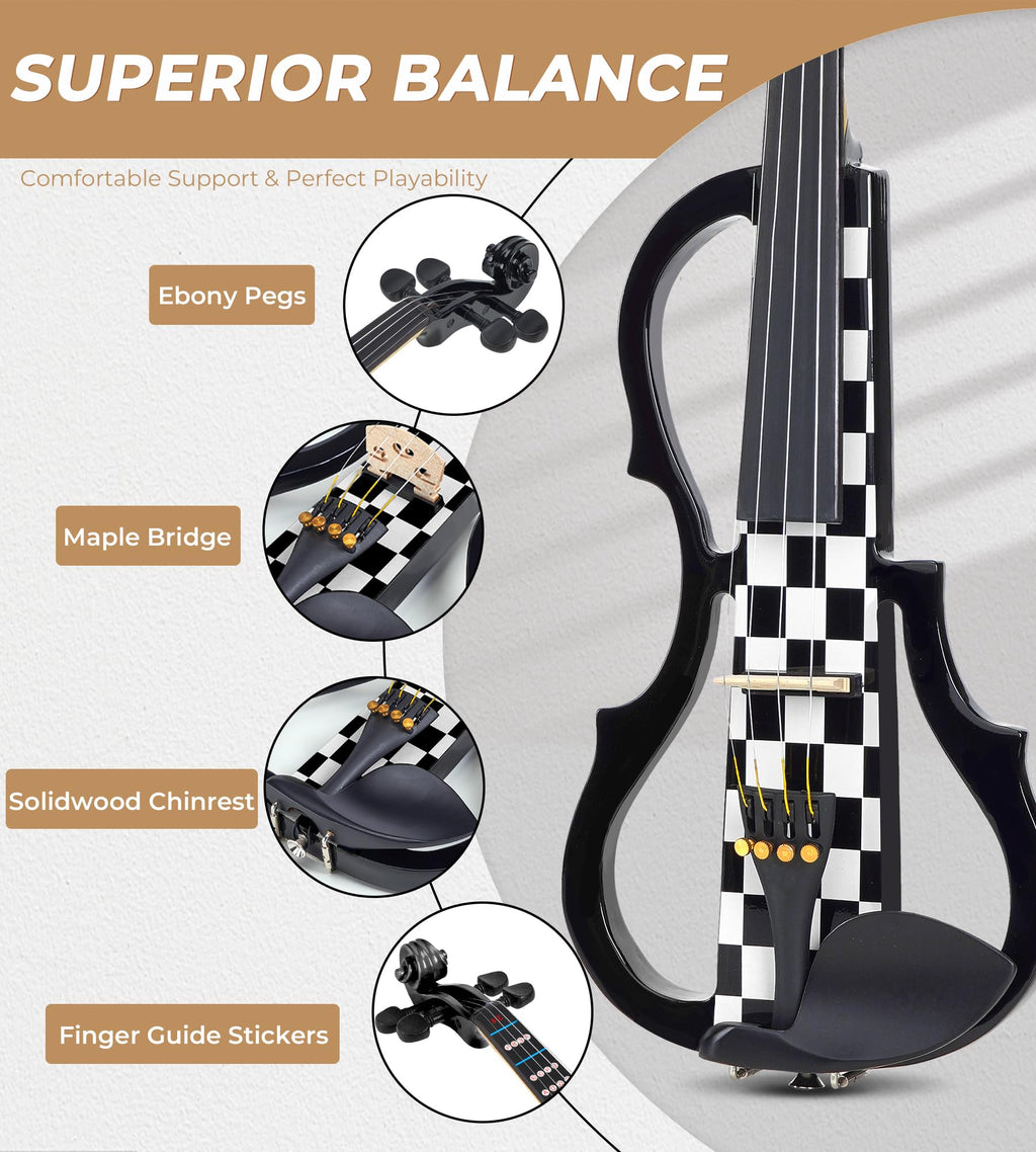 Vangoa Electric Violin Full Size 4/4, Black Silent Electric Violin, Solid Wood Metallic Electric Fiddle with Ebony Fittings, Beginner Kit for Adults Teens
