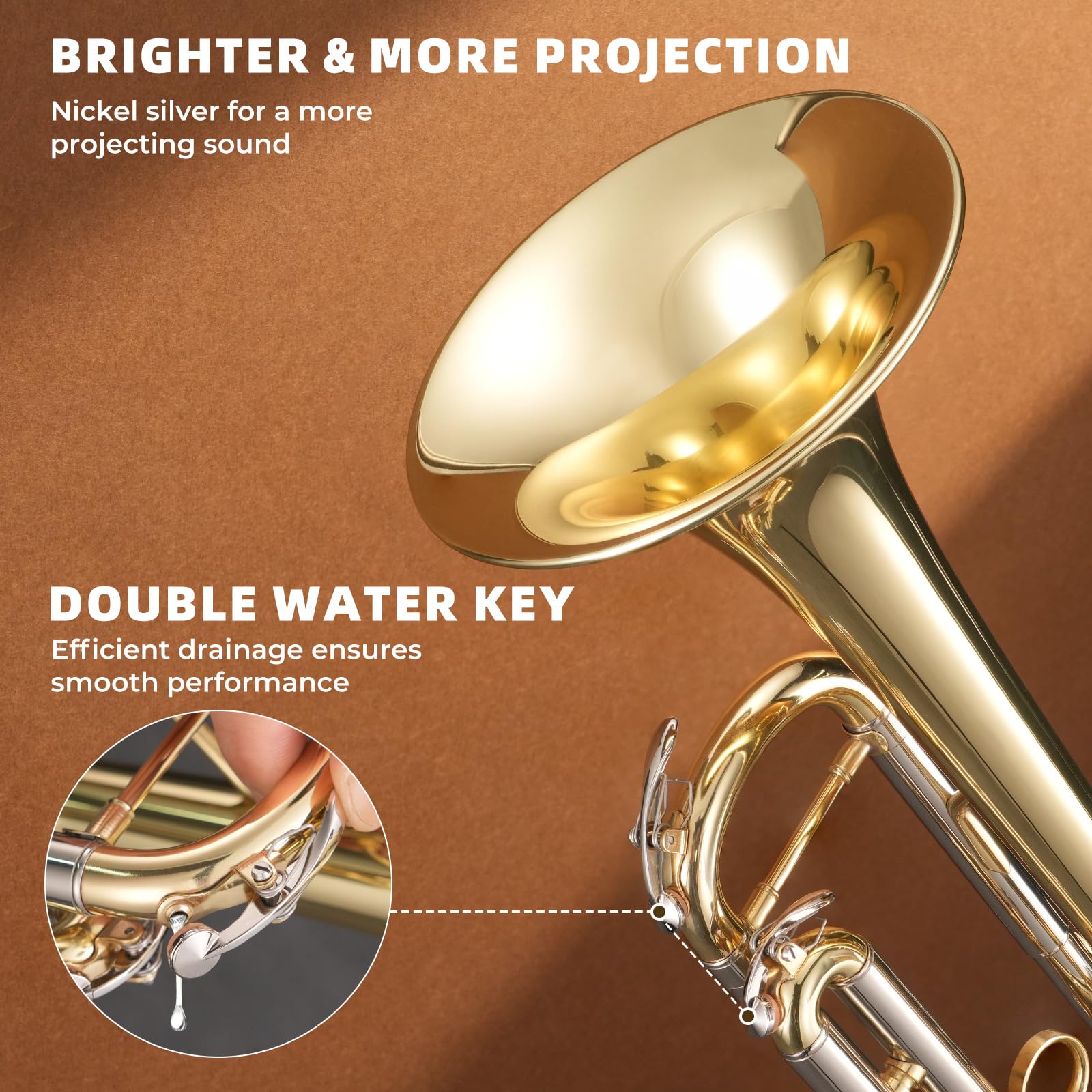 JAMELO Bb Standard Trumpet Set, Brass Trumpet Instrument for Student/Beginner with Carrying Case, 7C Mouthpiece, Cleaning Cloth and Gloves (TP-100, Gold)