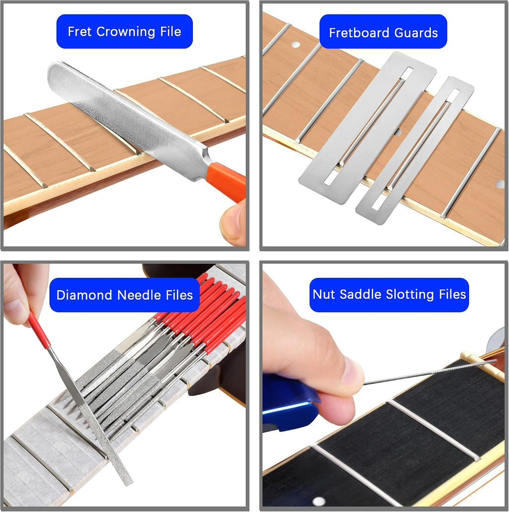 Guitar Setup Tool Kit with Carry Bag for Bass Ukulele Banjo | Guitar Repairing Maintenance Set Up Kit with Measuring Ruler Gauges Files Wrenches for Luthiers Beginners Music Enthusiasts