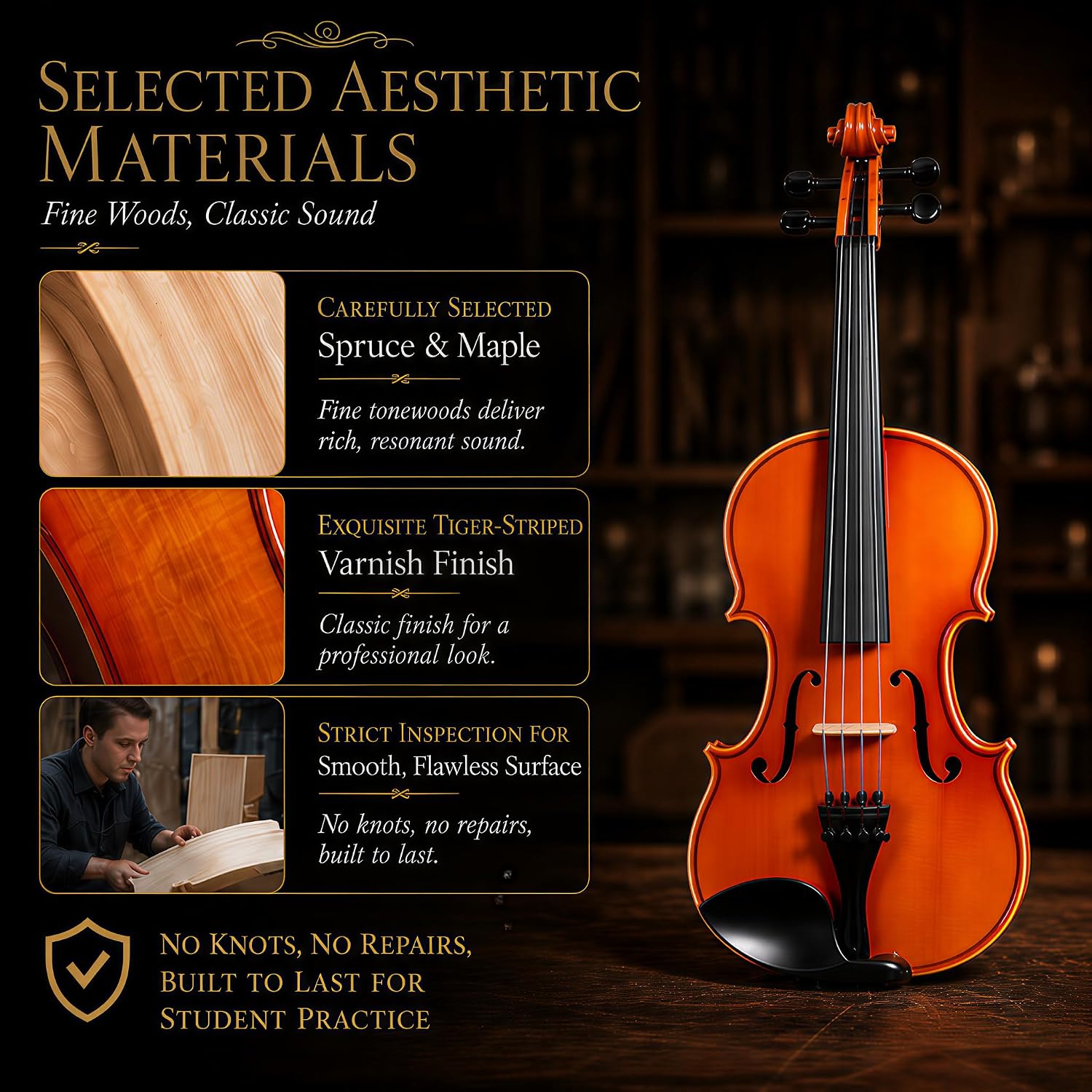 Handcrafted Solid Wood Violin 4/4 Full Size, Acoustic Fiddle with Gradient Finish, Ebony Fingerboard & Fittings, High-End Full Size Violin Kit with Ebony Bow, Alice Strings, and Deluxe Case