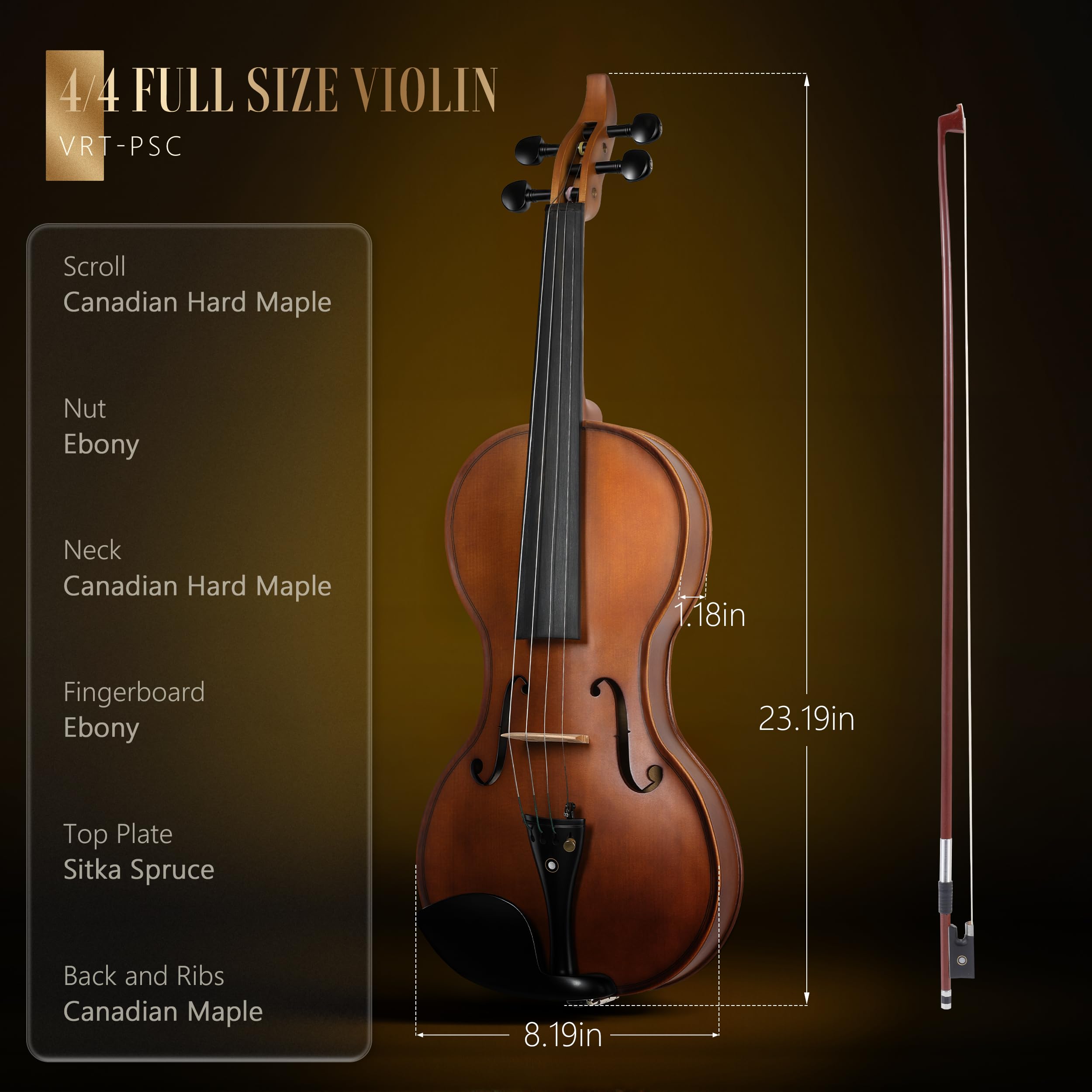 AKLOT Handcrafted Full Size Violin: Solid Wood Matte Fiddle, Acoustic Beginner 4/4 Violin Kit with Hard Case, Lesson Book, Bow, Shoulder Rest, Extra Strings, Tuner, Fretboard Stickers (VRT-AmiCS)