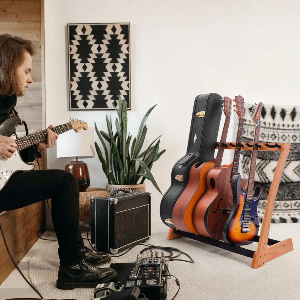 Nefelibata Guitar Stands 5 Wooden Guitar Rack Floor for Guitars and Cases, Electric, Acoustic, Bass Guitars, Cellos, German Ash