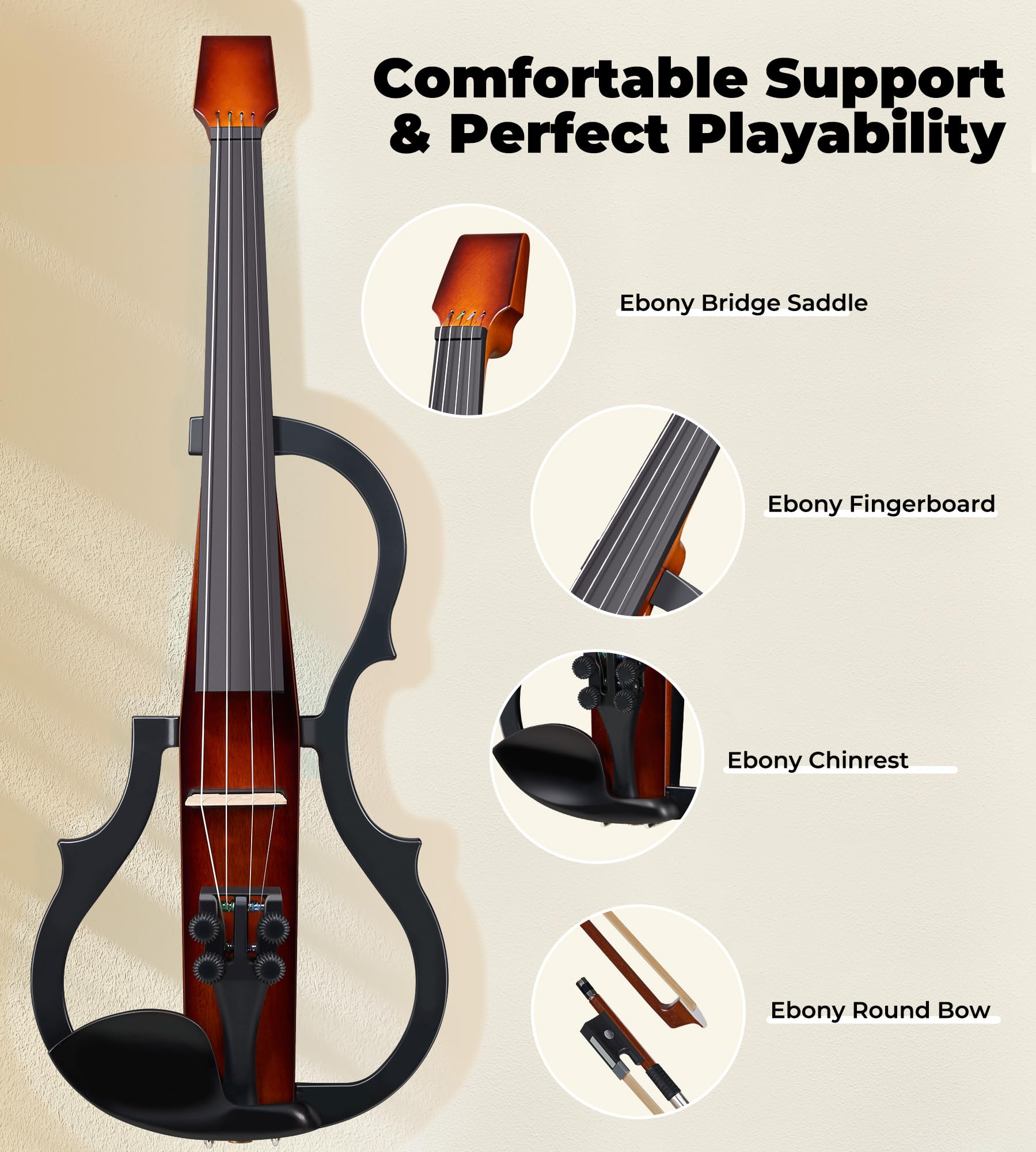 Vangoa Electric Violin 4/4 Full Size, Solid Wood Ebony Silent Violin with Professional Pickup & 3-Band EQ, Headless Lightweight Design, Beginner to Professional Electric Violin Kit, Brown