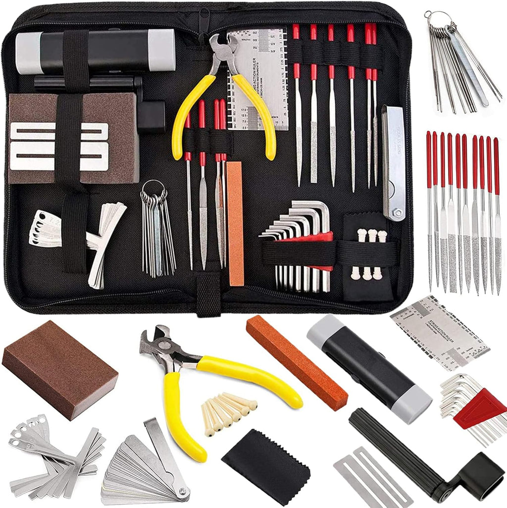 Guitar Tool Kit, 57 PCS Metal and Plastic String Instrument Maintenance Set with String Action Ruler, Radius Gauges and Carry Bag for Guitar Ukulele Bass Banjo Players