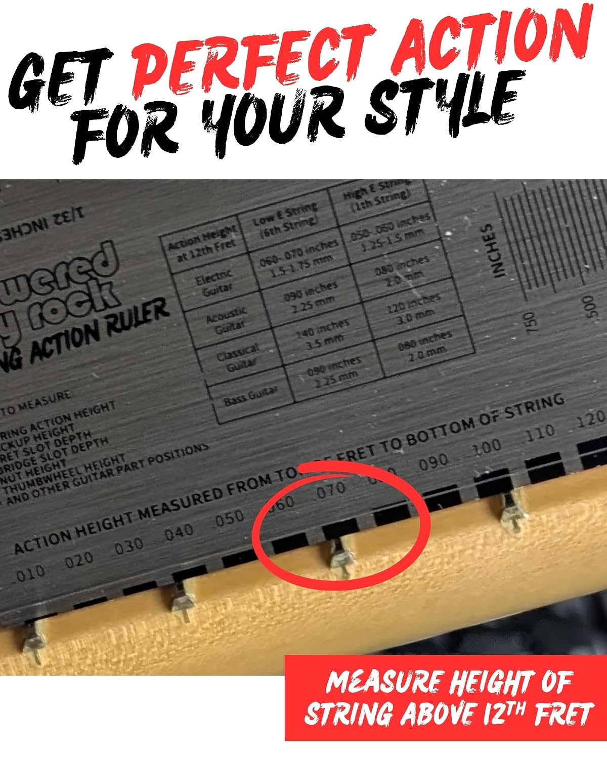 String Action Gauge for Guitar Setup - Precision String Height Ruler | Luthier tool to adjust guitar strings, nuts and pickups for optimal playability on electric and acoustic guitars