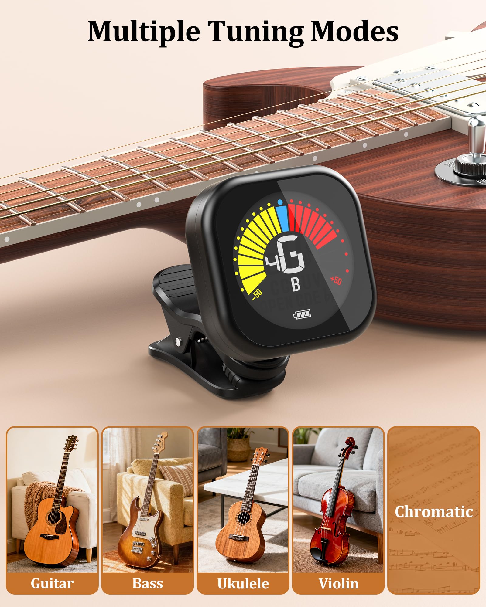 New Bee Guitar Tuner Clip-On Rechargeable with Color Screen 360° Rotatable Acoustic Chromatic Open Tuning for Guitar, Bass, Ukulele, Violin, Cello(Black, 1 Pack)