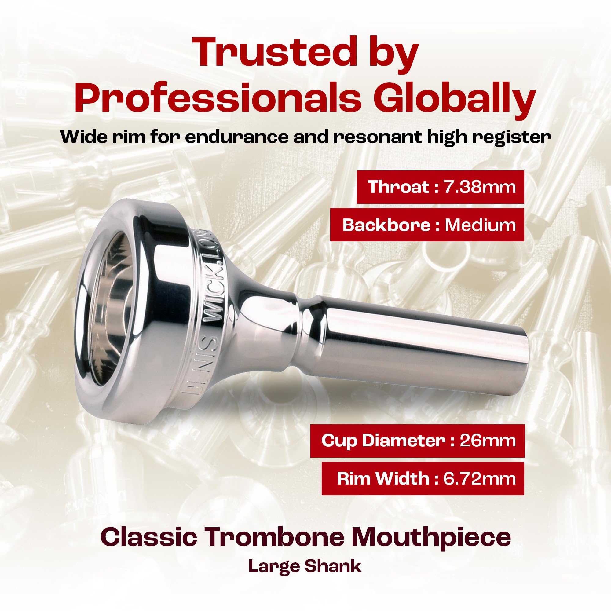 Denis Wick Classic Trombone Mouthpiece Silver Plated, 5880-4AL - Barrel Backbore for Balanced Tone & Smooth Response - Large Shank Fitting Trombone Accessory for Easy Articulation - 26 x 6.72 x 7.38mm