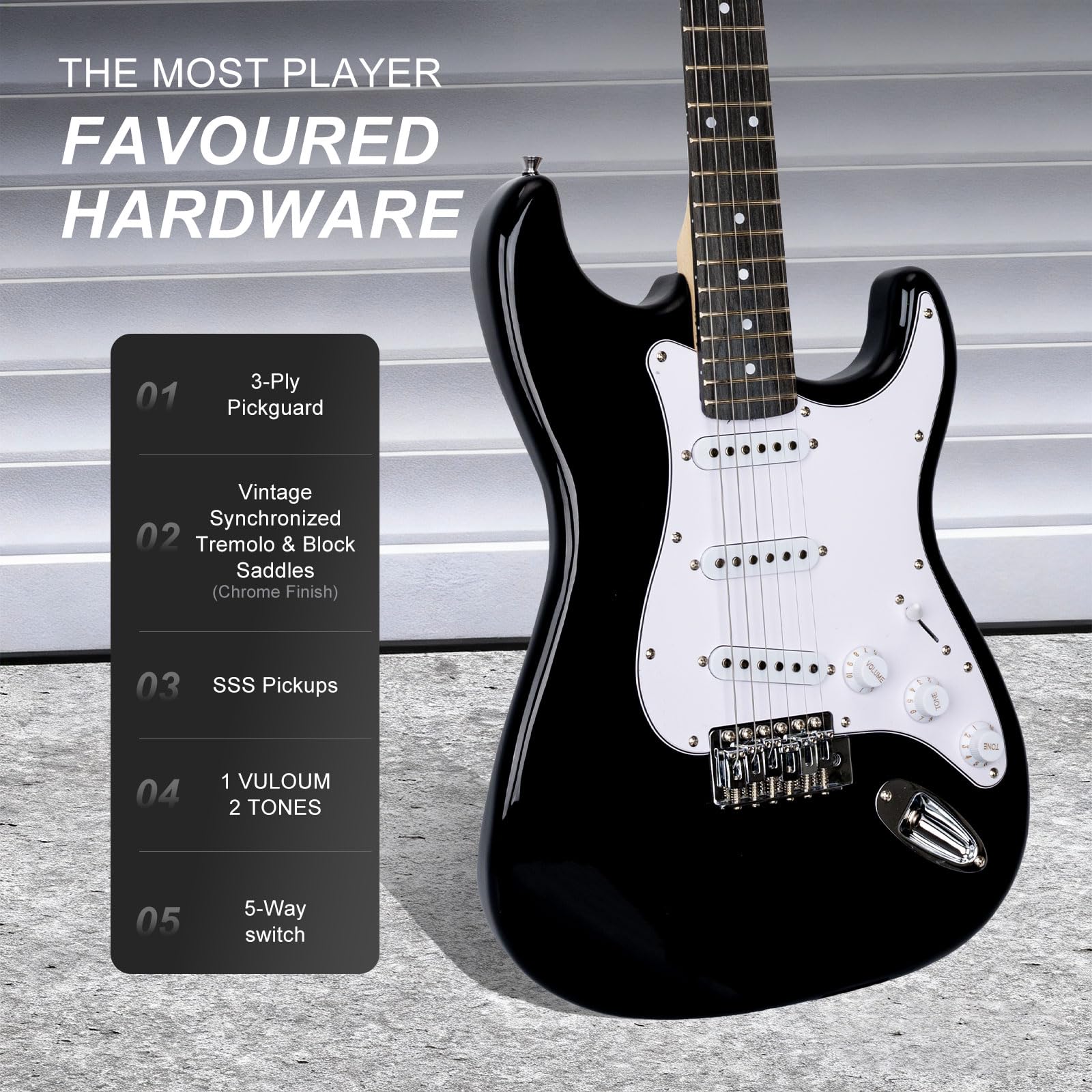 39 Inches Full Size Electric Guitar Beginner Electric Guitar Kits with 10W Amp Classic SSS Pickup Complete with Gig Bag Tuner Capo Strap Picks Guitar String Winders Black