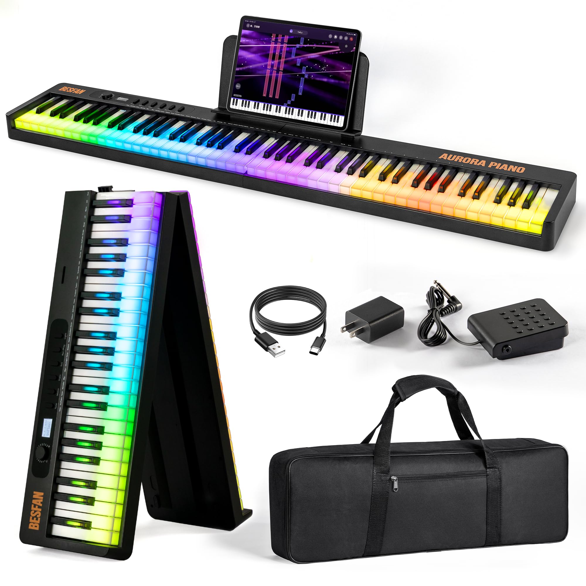 Foldable 88-Key Piano Keyboard with Colorful Lighted Keys, Semi-Weighted Full Size Keys, Portable Digital Piano with USB-MIDI, Built-in Speakers, Sustain Pedal, Battery for Beginners & Adults