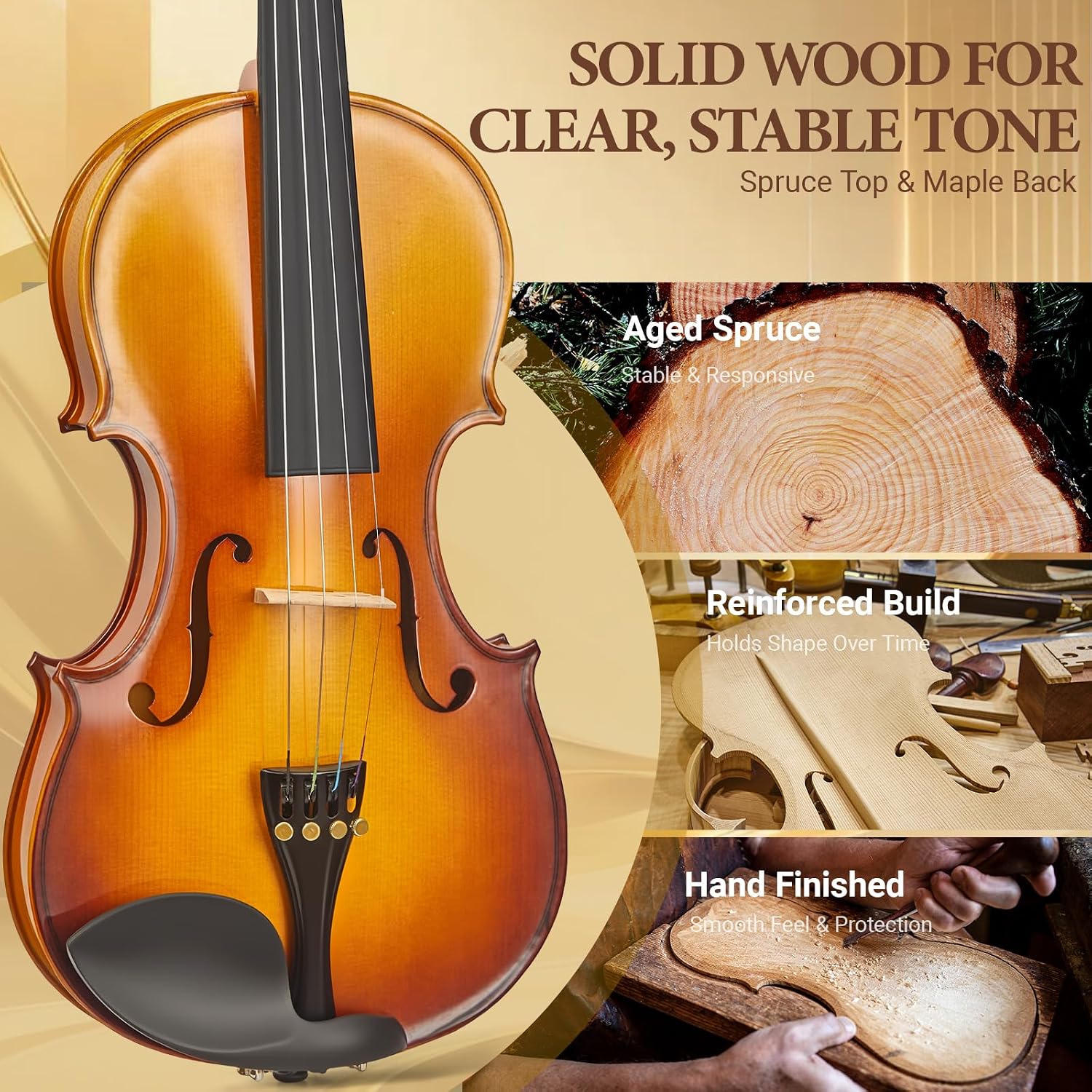4/4 Full Size Acoustic Violin Set for Adult Beginners, Solid Spruce and Maple, Natural Gloss Finish, Brazilwood Bow, Hard Case, Tuner, Shoulder Rest, Rosin, Extra Strings