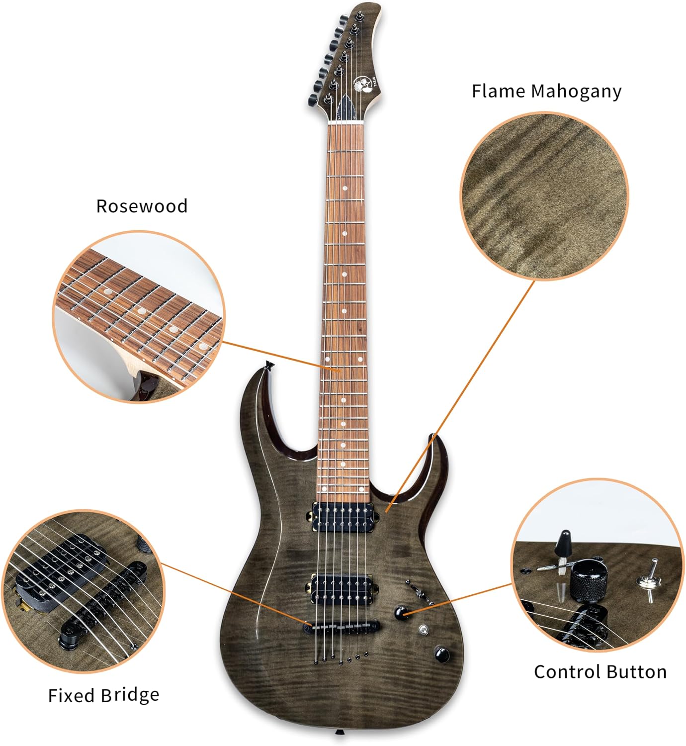 TARIO 7 String Electric Guitar 24 Frets, Flame Mahogany Top, Maple Neck, Rosewood Fingerboard, Dual Humbucker Pickups, Fixed Bridge, Modern Metal Guitar
