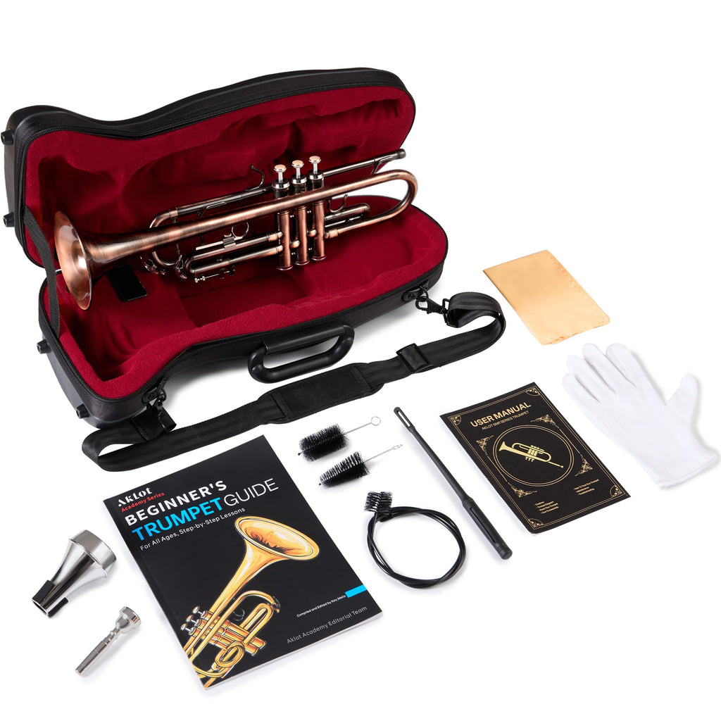 AKLOT Hand-Hammered Bell Bb Trumpet: Smooth Valve Action, Clear-Lacquered Brass Body, Standard Trumpet Beginner Set with Leather Case, Lesson Book, Trumpet Mute, Mouthpiece, Cleaning Kit (SNR-BrzSF)