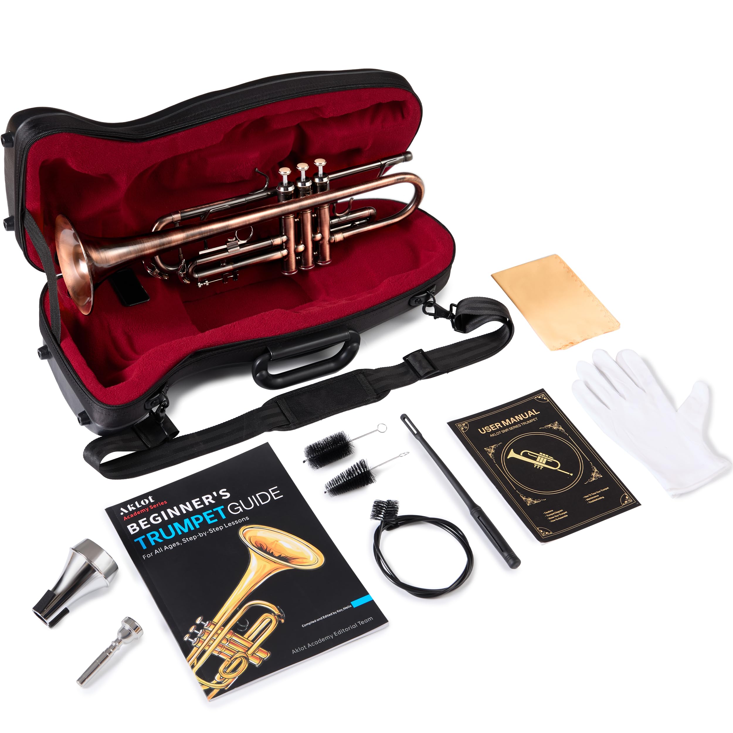 AKLOT Hand-Hammered Bell Bb Trumpet: Smooth Valve Action, Clear-Lacquered Brass Body, Standard Trumpet Beginner Set with Leather Case, Lesson Book, Trumpet Mute, Mouthpiece, Cleaning Kit (SNR-BrzSF)