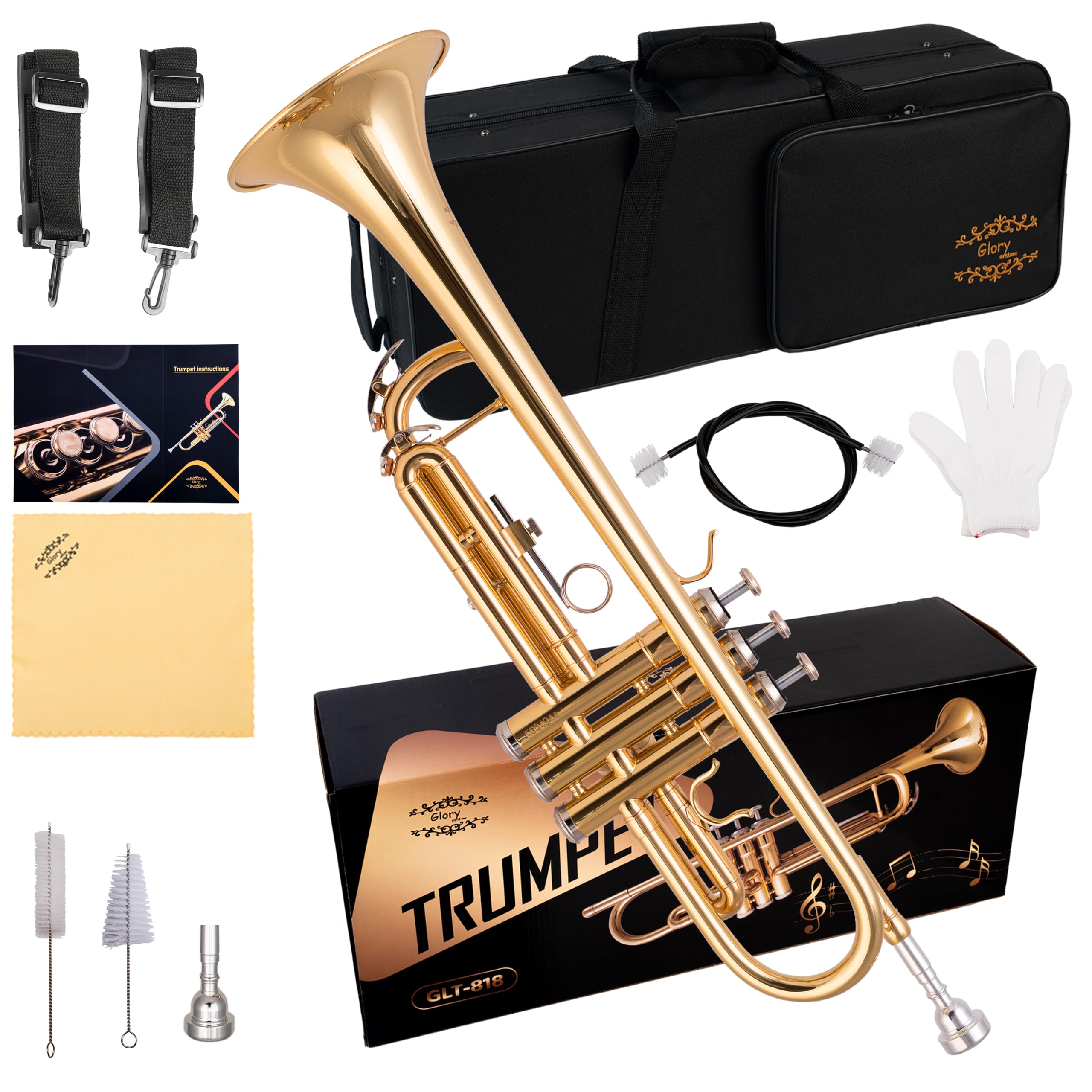 Glory Bb Trumpet - Trumpets for Beginner or Advanced Student with Case, pair of gloves-Gold