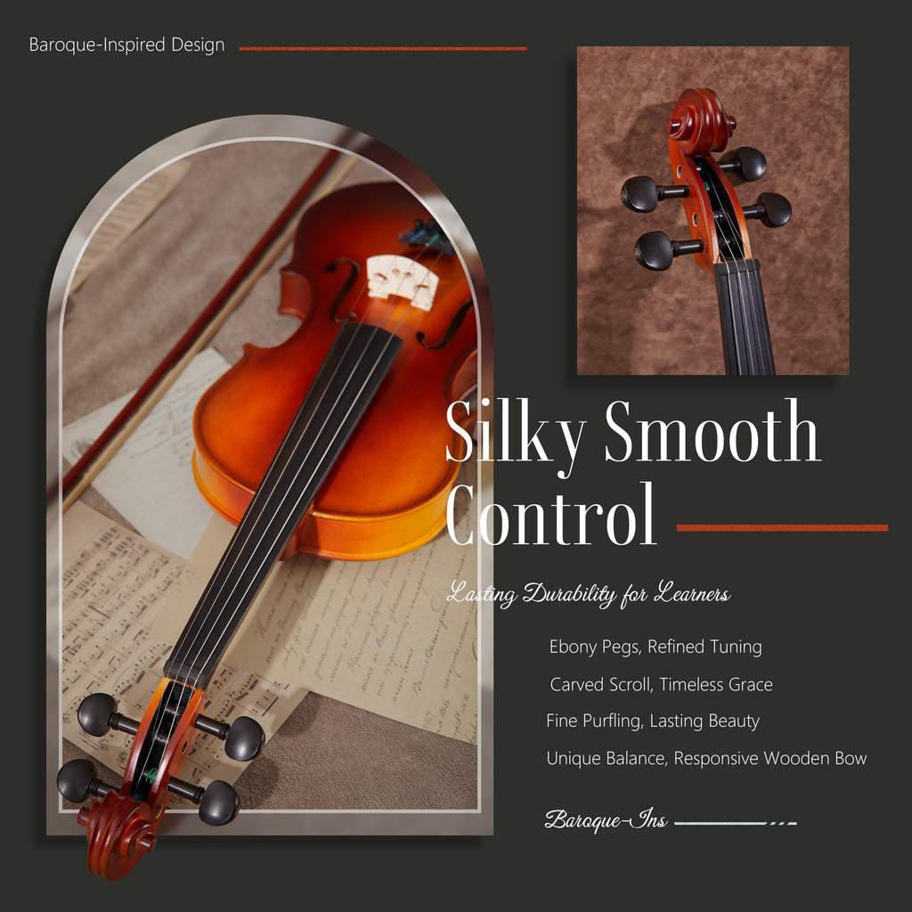 AKLOT Handcrafted Full Size Violin: Solid Wood Matte Fiddle, Acoustic Beginner 4/4 Violin Kit with Hard Case, Lesson Book, Bow, Shoulder Rest, Extra Strings, Tuner, Fretboard Stickers (VRT-AmiCS)