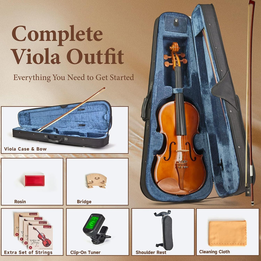 15 Inch Viola for Students and Adults, Solid Spruce Top with Flamed Maple Back and Sides, Handcrafted Acoustic Viola with Warm Rich Tone