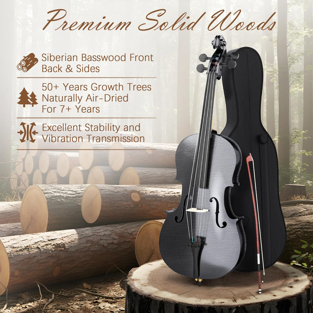 Cello 4/4 Kit, Full Size Cello for Adults, Students, Beginners, Complete Acoustic Cello Instrument Set with Portable Bag, Bow, Rosin, Black