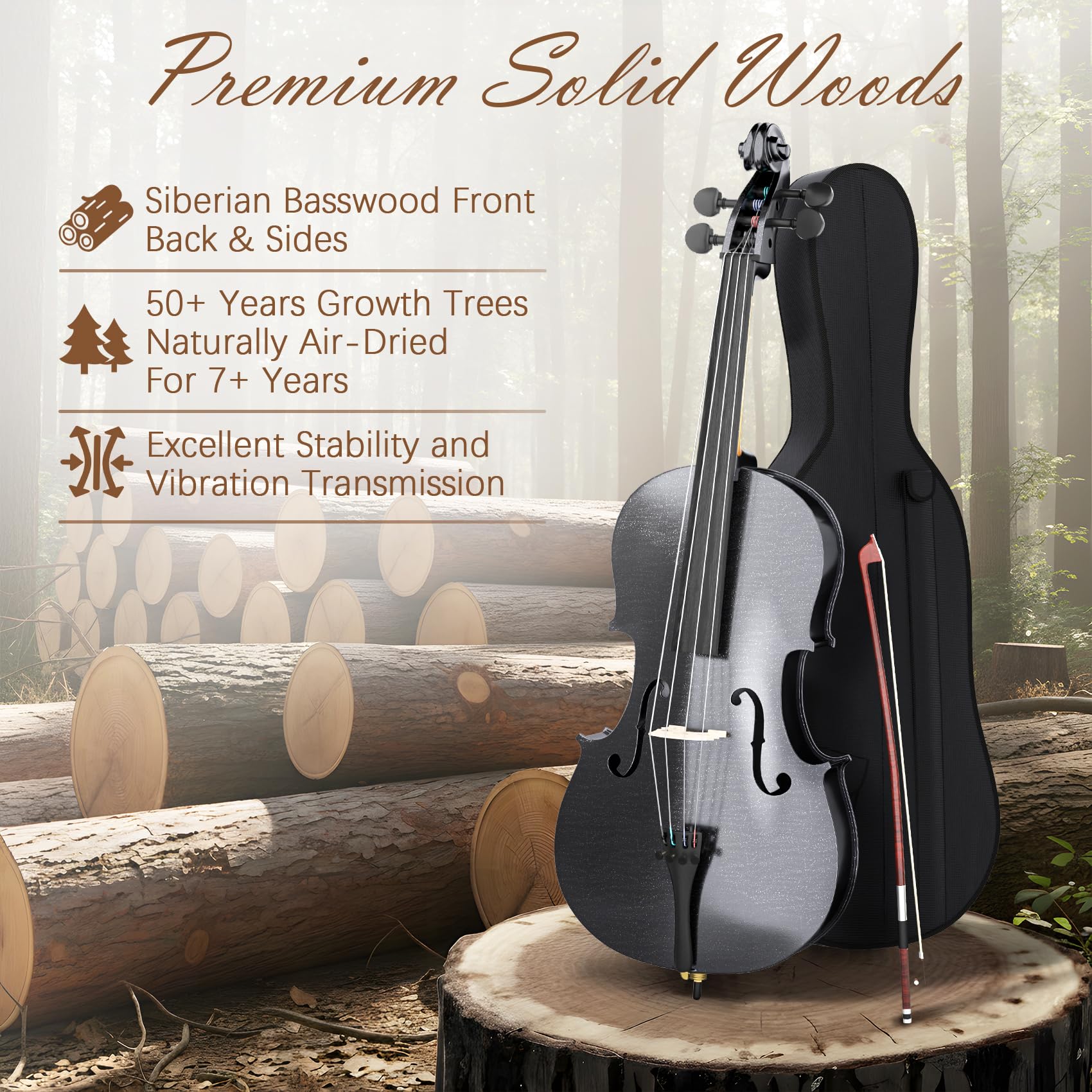 Cello 4/4 Kit, Full Size Cello for Adults, Students, Beginners, Complete Acoustic Cello Instrument Set with Portable Bag, Bow, Rosin, Black