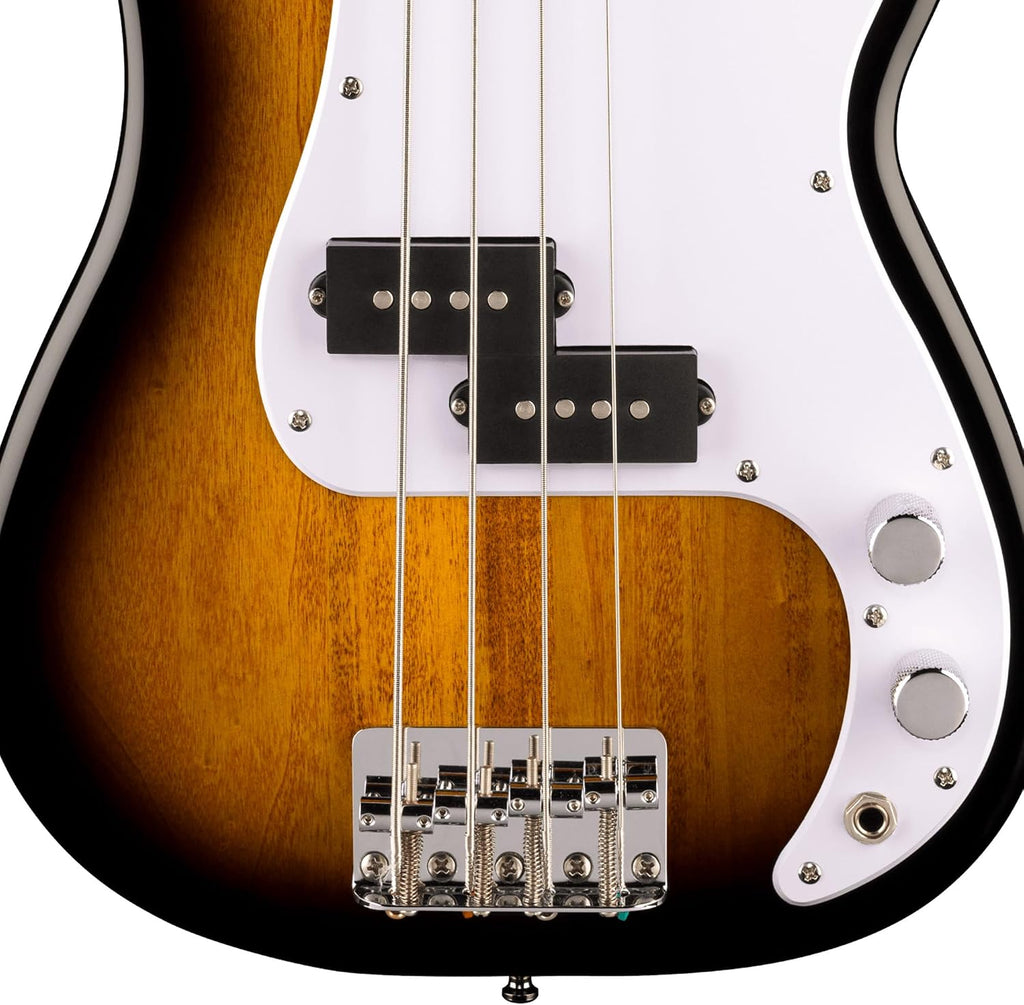 Fender Squier Mini Precision Bass Electric Guitar - 2-Color Sunburst Bundle with Instrument Cable, Tuner, Strap, Picks and Austin Bazaar Instructional DVD
