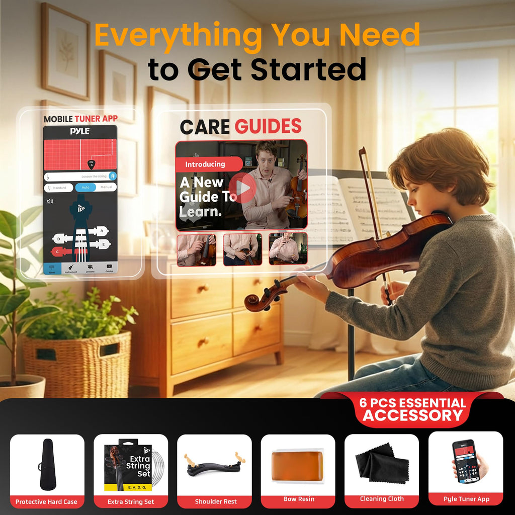 Pyle 4/4 Full Size Acoustic Violin for Beginners – Complete Violins Set with Hard Case, Bow, Extra Strings, Rosin, Full Accessories Kit - Mobile App Tuner 2 Month Free Lessons for Kids & Adults