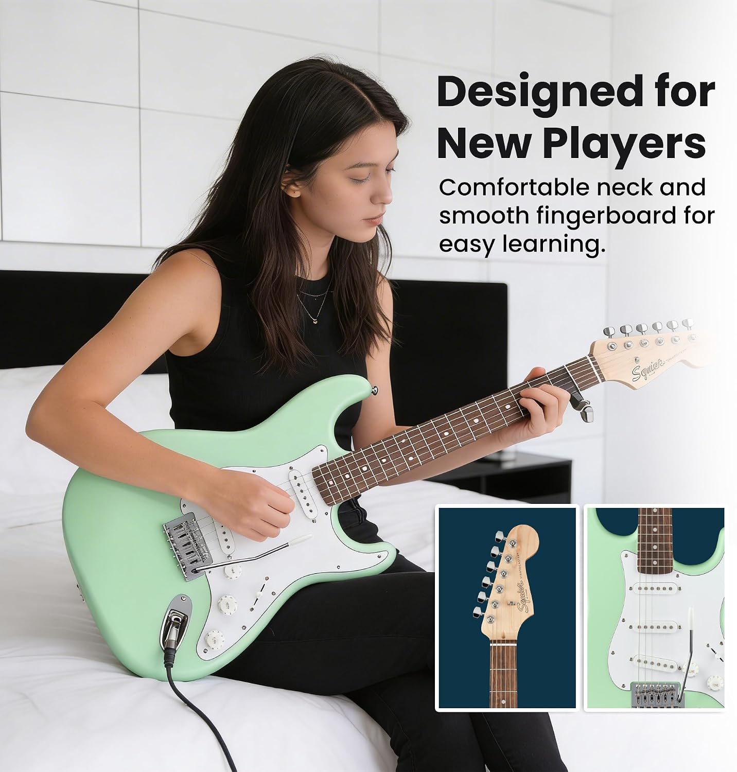 Fender Squier Stratocaster Electric Guitar - Surf Green Bundle with Fender Frontman 10G Amplifier, Gig Bag, Cable, Strap, Picks, and Austin Bazaar Instructional Video