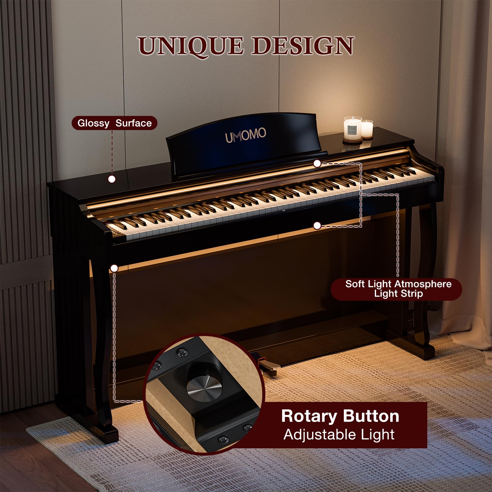 UMOMO 88- Key Weighted Hammer Action Digital Piano with Adjustable Light, Full-Size Electric Keyboard with Triple Pedals, Realistic Touch for Beginners & Intermediate Players Glossy Black