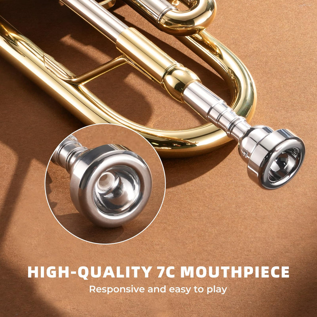JAMELO Bb Standard Trumpet Set, Brass Trumpet Instrument for Student/Beginner with Carrying Case, 7C Mouthpiece, Cleaning Cloth and Gloves (TP-100, Gold)