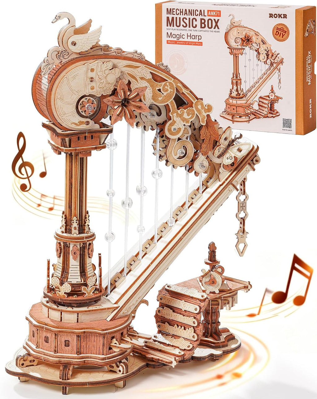 ROKR 3D Wooden Puzzle Harp Music Box, Building Model Kit with Mechanical Movement, Gift for Adults Women, Elegant Home Decor for Desk & Shelf