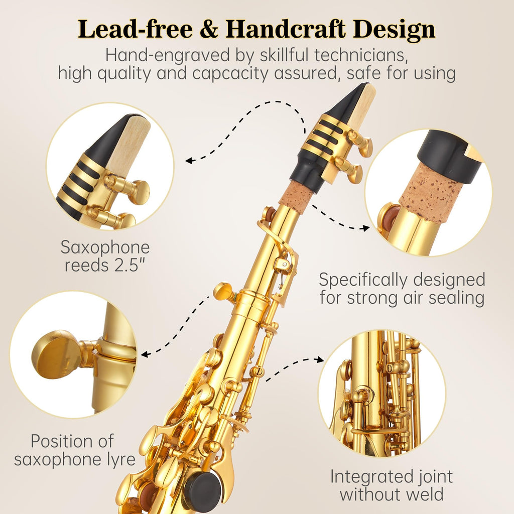 Bb Tenor Saxophone with Full Accessories: Mouthpiece, Neck Strap, Reeds, Cleaning Cloth & Carrying Case, Gold, Ready for School Band