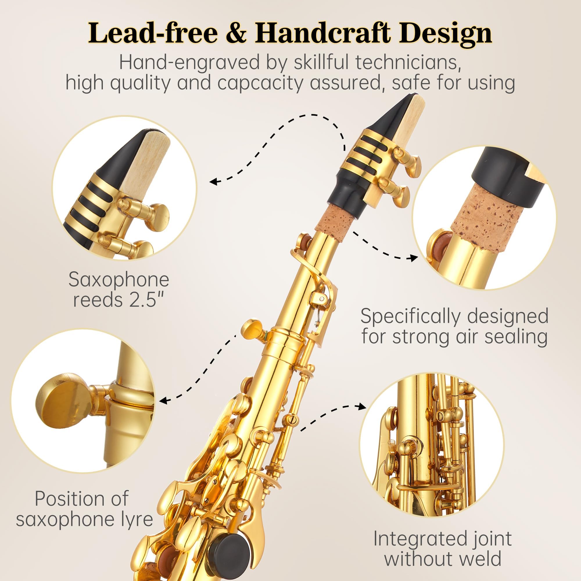 Bb Tenor Saxophone with Full Accessories: Mouthpiece, Neck Strap, Reeds, Cleaning Cloth & Carrying Case, Gold, Ready for School Band