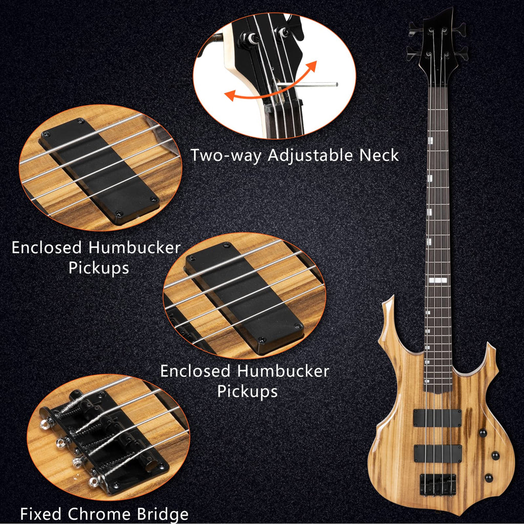 Ktaxon Electric Bass Guitar Full Size Flame Design Bass Set with 20 Watt Amplifier, Portable Bass Bag, Superior Amp Wire, Adjustable Guitar Strap, Plectrum, Wrench Tool(Matte Black)