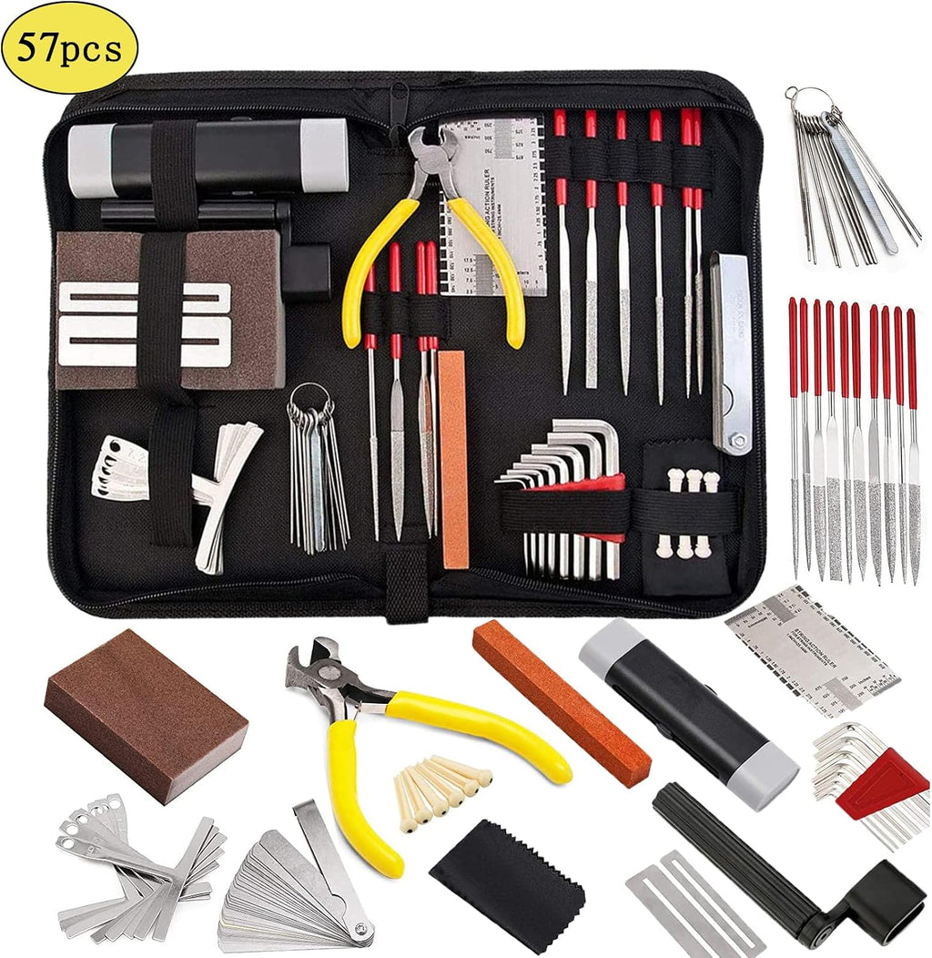 Guitar Tool Kit, 57 PCS Metal and Plastic String Instrument Maintenance Set with String Action Ruler, Radius Gauges and Carry Bag for Guitar Ukulele Bass Banjo Players