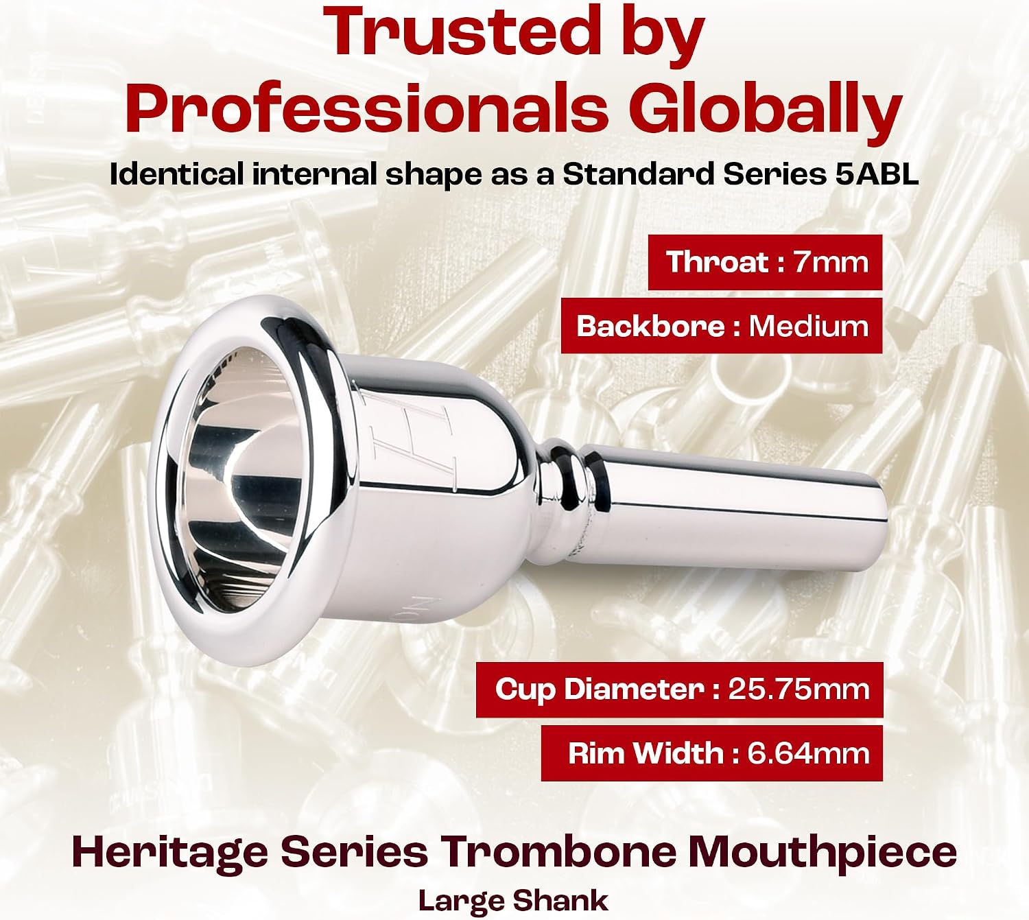 Denis Wick Heritage Trombone Mouthpiece Silver-Plated, 2180-5ABL - Medium Backbore for Balanced Airflow & Tone - Large Shank Fitting Trombone Accessories for Effortless Articulation 25.75 x 6.64 x 7mm