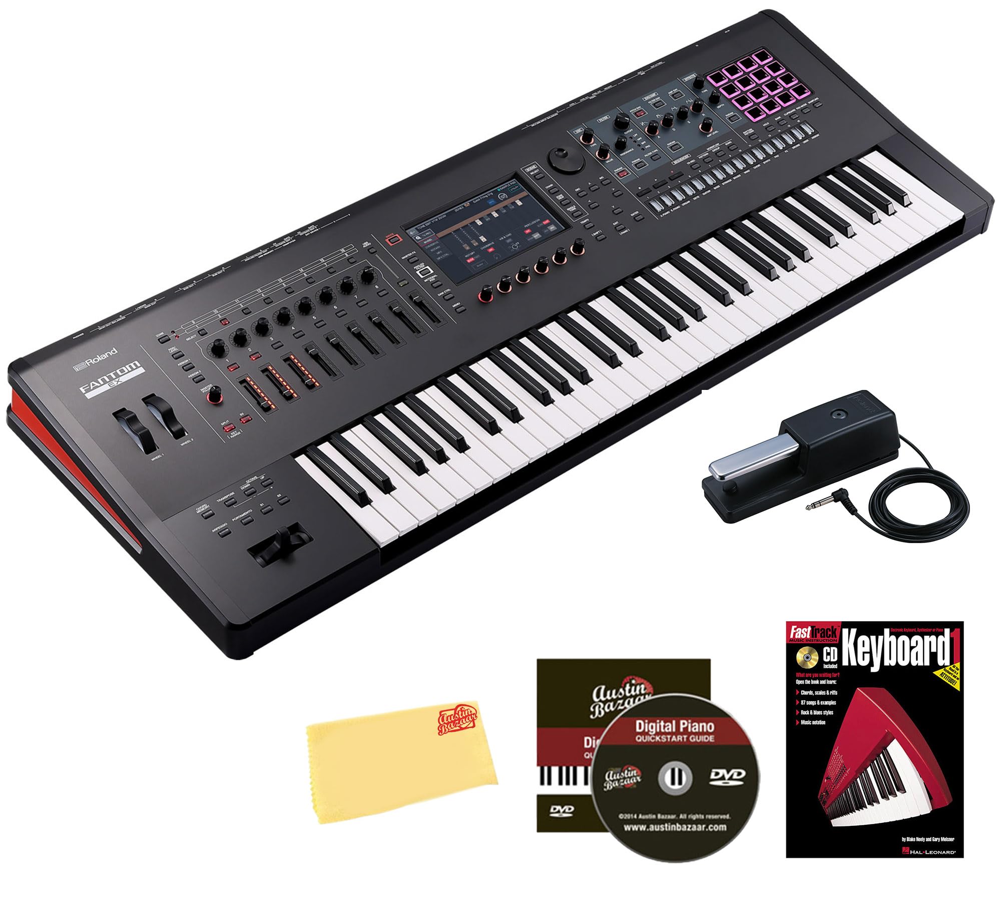 Roland Fantom 8 EX 88-Key Workstation Keyboard Synthesizer Bundle with Adjustable Stand, Sustain Pedal, Online Piano Lessons, Instructional DVD, and Austin Bazaar Polishing Cloth
