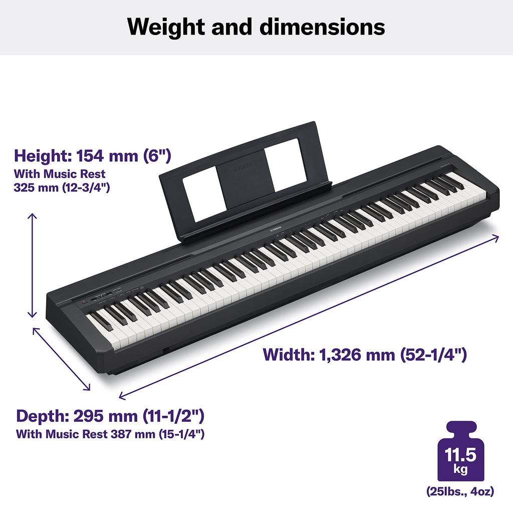 Yamaha P225 88-Key Digital Piano with Weighted Keys, Portable Design, Keyboard, Music Rest, Sustain Foot Switch, and Built-In Speakers, Black (P225B)