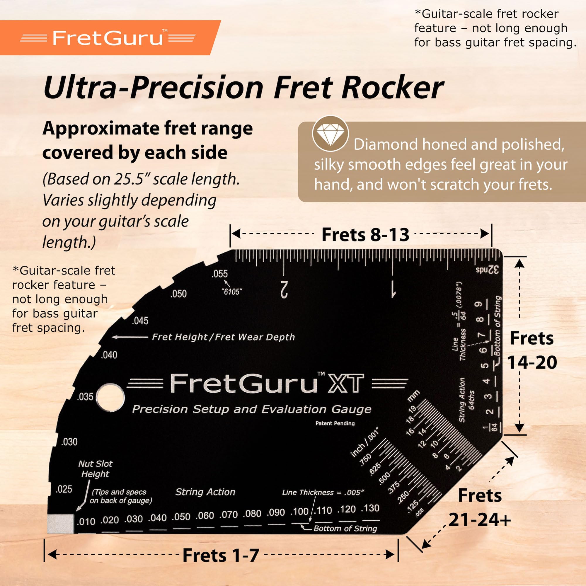 String Action Gauge Guitar Fret Ruler Precision Fret Rocker Precise CNC Machined, Diamond Honed, Polished Edge Guitar String Height Gauge Luthier Tool with Genuine Leather Case | Precision .010" increments, Laser etched markings, Luthier tool for guitar s