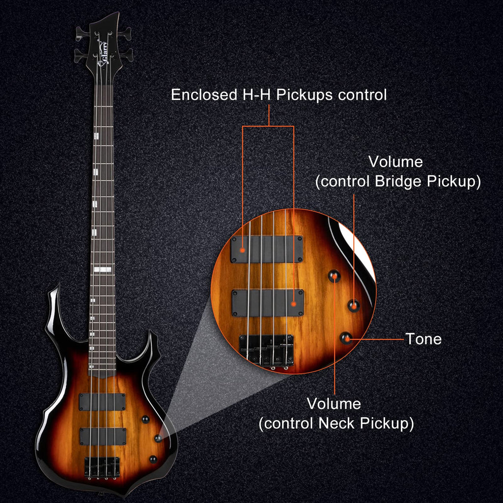Ktaxon Electric Bass Guitar Full Size Flame Design Bass Set with 20 Watt Amplifier, Portable Bass Bag, Superior Amp Wire, Adjustable Guitar Strap, Plectrum, Wrench Tool(Matte Black)