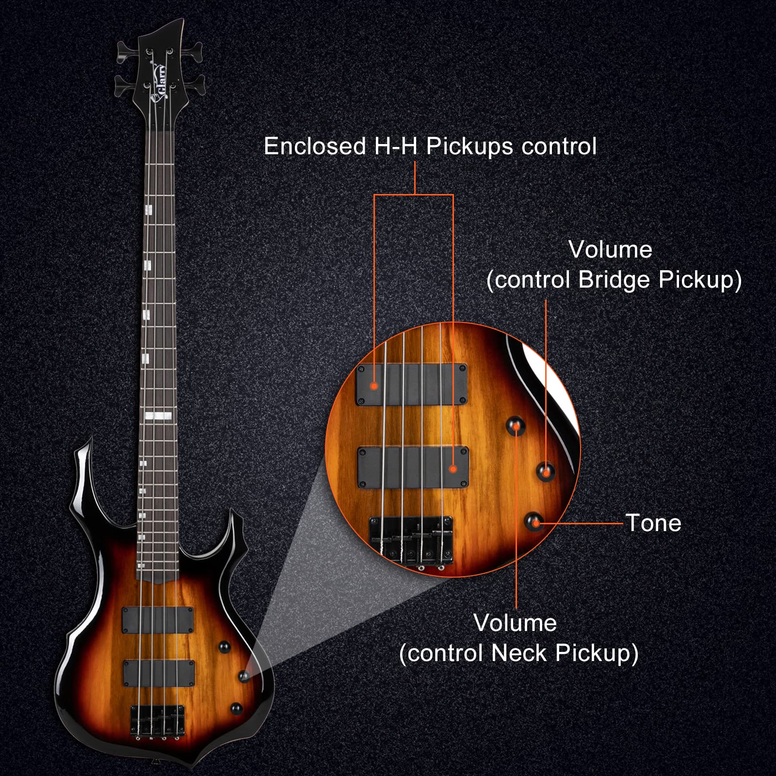 Ktaxon Electric Bass Guitar Full Size Flame Design Bass Set with 20 Watt Amplifier, Portable Bass Bag, Superior Amp Wire, Adjustable Guitar Strap, Plectrum, Wrench Tool(Matte Black)