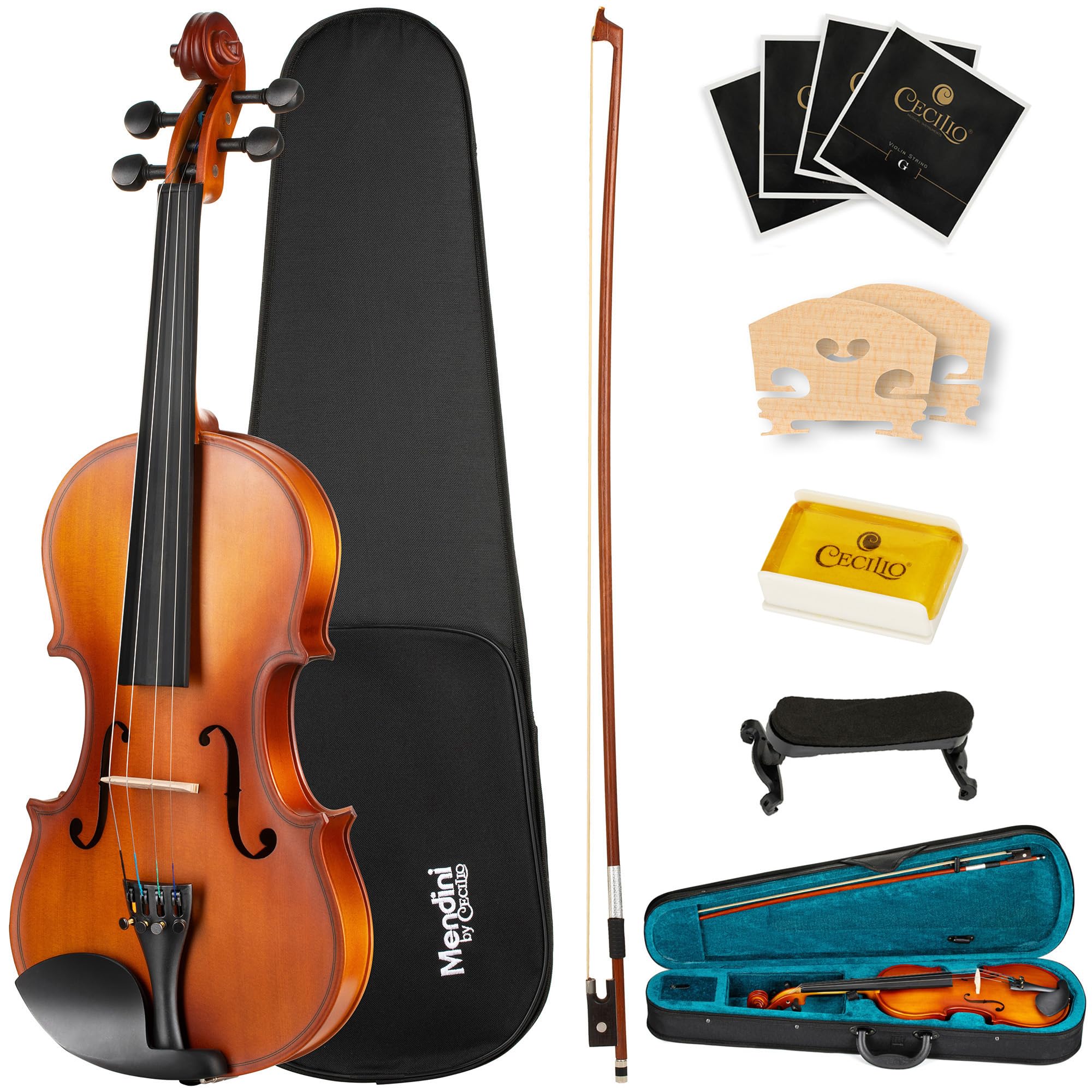 Mendini by Cecilio Violin 4/4 Full Size Kit For Beginners - Hand Carved Acoustic Violins Set - Fiddle Solid Wood Kit with Hard Case, Bow, Rosin, Shoulder Rest, Bridge and Extra Strings (Black)