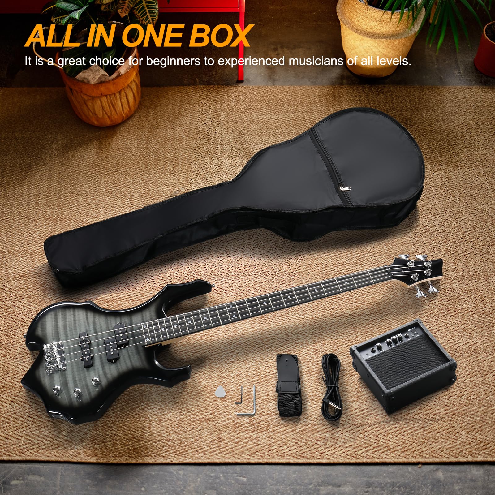 Ktaxon Electric Bass Guitar Full Size Flame Design Bass Set with 20 Watt Amplifier, Portable Bass Bag, Superior Amp Wire, Adjustable Guitar Strap, Plectrum, Wrench Tool(Matte Black)