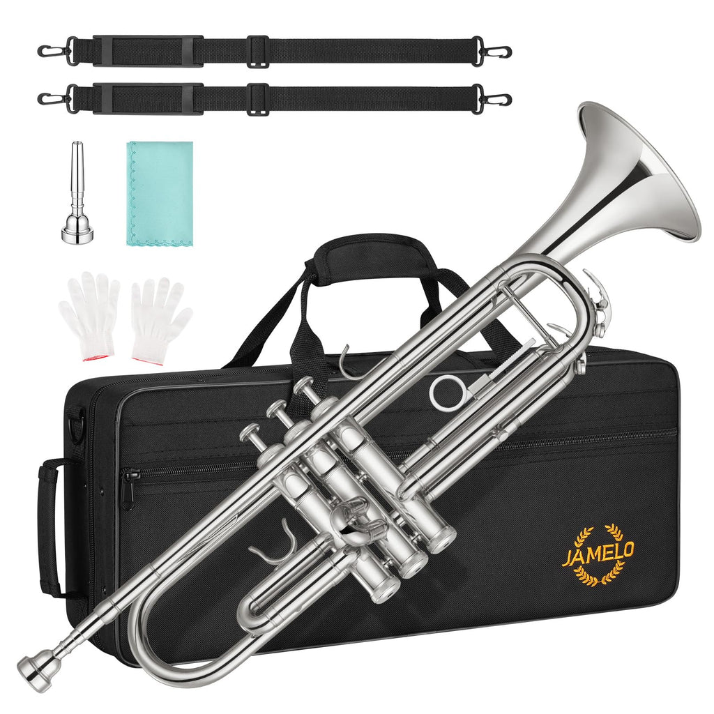 JAMELO Bb Standard Trumpet Set, Brass Trumpet Instrument for Student/Beginner with Carrying Case, 7C Mouthpiece, Cleaning Cloth and Gloves (TP-100, Gold)