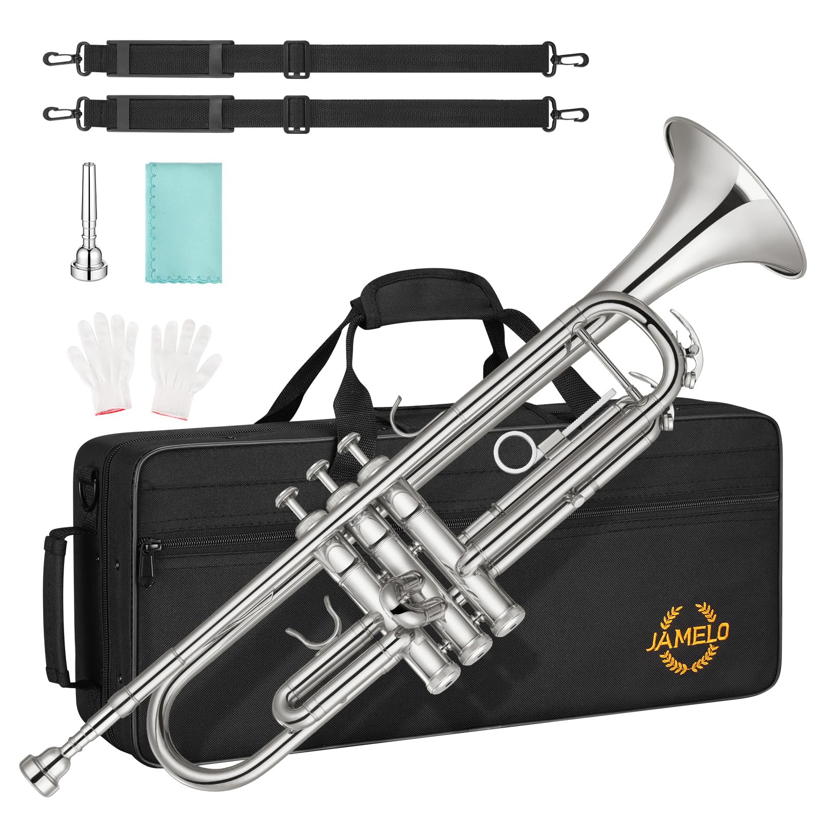 JAMELO Bb Standard Trumpet Set, Brass Trumpet Instrument for Student/Beginner with Carrying Case, 7C Mouthpiece, Cleaning Cloth and Gloves (TP-100, Gold)
