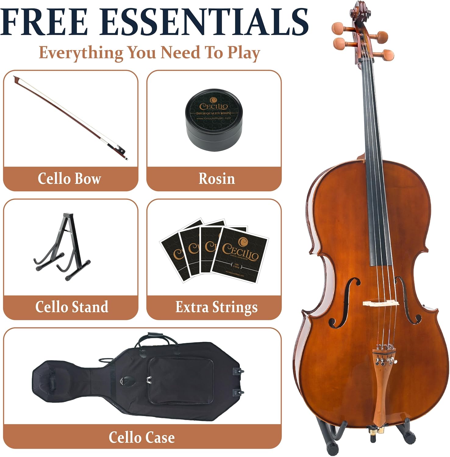 Cecilio CCO-300 Solid Wood Cello with Hard & Soft Case, Stand, Bow, Rosin, Bridge and Extra Set of Strings, Size 4/4 (Full Size)